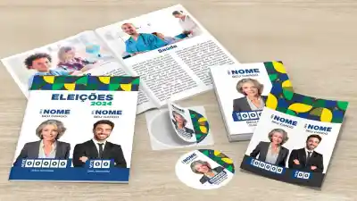 Kit de impressos para campanha política eleitoral 2026 contendo santinhos, colinhas, adesivos e banners no Rio de Janeiro